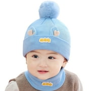 FAOWME Baby Kids Boy Girl Pompom Hat Winter Warm Knit Bobble Beaniess Cartoon Cap Scarf Set Sky Blue One Size